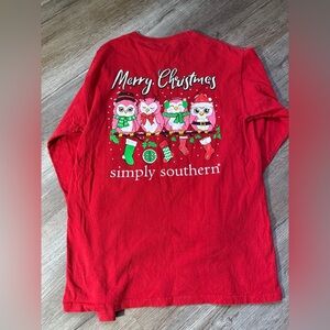 Simply Southern Red Christmas Happy Owl Long Sleeve T-shirt Size M
